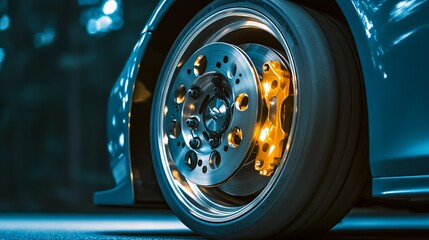 Feature on Car Wheel with Stylish Rim Design in Urban Setting : Generative AI