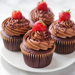 Chocolate cupcakes with chocolate frosting and strawberry on top (Generative Ai)