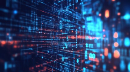 Abstract digital data stream, glowing blue and red code.