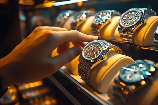 Hand Selecting Premium Wristwatch from Exquisite Display of Luxury Timepieces : Generative AI