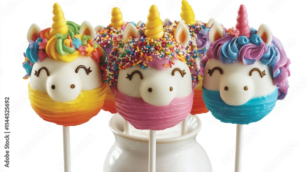 Poster close-up of creatively designed unicorn cake pops with vibrant rainbow layers and colorful sprinkles