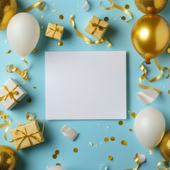 Festive celebration setup with golden decorations, balloons, and gifts ready for a special occasion on a light