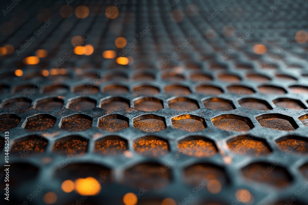 Aufkleber close-up view of a textured metal surface with illuminated honeycomb pattern during industrial proce