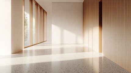 Contemporary Bright Hallway with Sun-Drenched Floors and Wooden Paneling in Modern Style : Generative AI