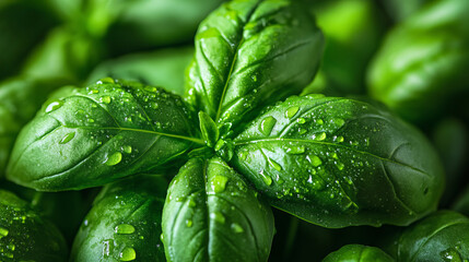 Fresh basil leaves glistening with water droplets, a vibrant green hue.