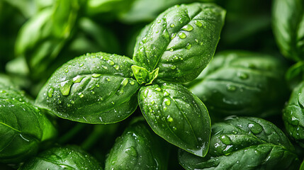 Fresh basil leaves glistening with morning dew.  A vibrant image perfect for culinary or nature themes.