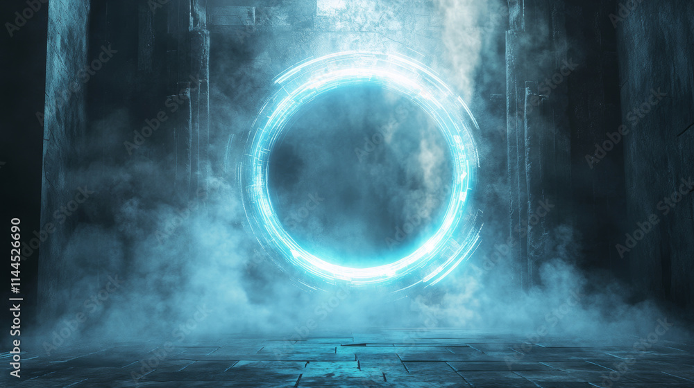Poster white neon game portal with smoke and glow effect. realistic vector illustration set of magic telepo