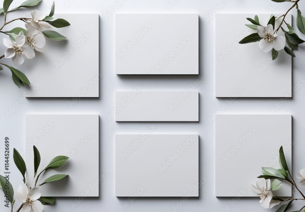 Poster blank canvas layout with white background and delicate flowers for creative design projects and art 