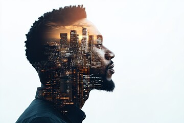 City skyline emerges from the profile of a man in creative double exposure composition