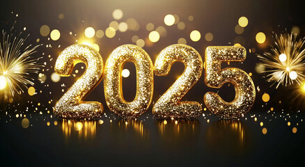 Happy new year 2025 on fireworks and beautiful Boked background	
