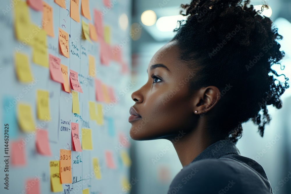 Poster woman reflecting on colorful sticky notes during a brainstorming session in a modern workspace