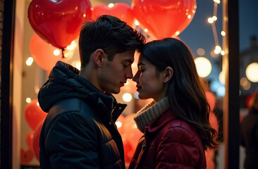 A couple in love is standing at the entrance to the cafe, a guy and a girl came to celebrate the holiday.