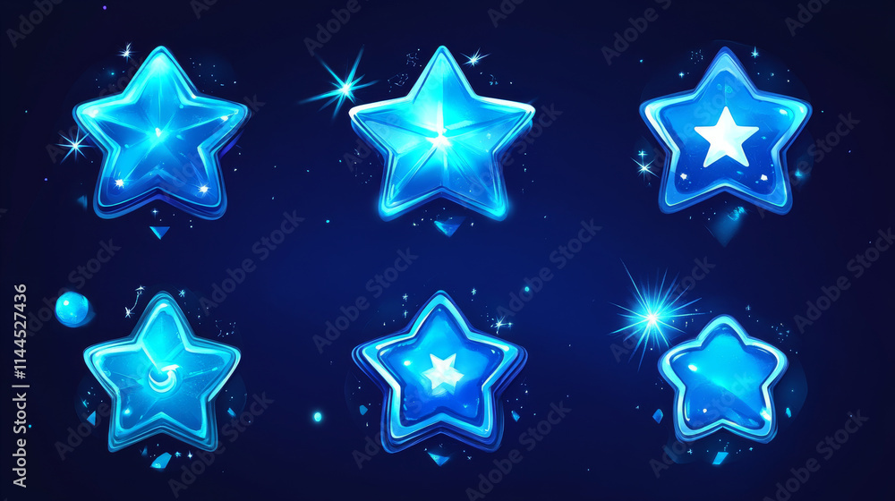 Poster blue star shape ui game icon vector button set. glossy badge medal for score or reward gui interface