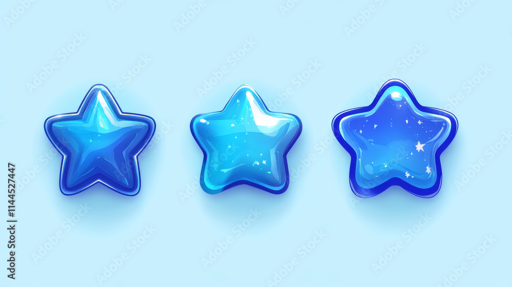 Poster blue star shape ui game icon vector button set. glossy badge medal for score or reward gui interface