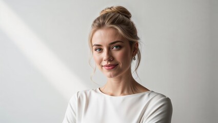 A professional magazine style photograph of a young woman with elegant features, soft makeup, and a refined hairstyle, exuding modern beauty and sophistication in a minimalist studio setting.