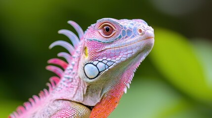 Fototapeta premium Close-up of a pink iguana's head and neck against a blurred green background.