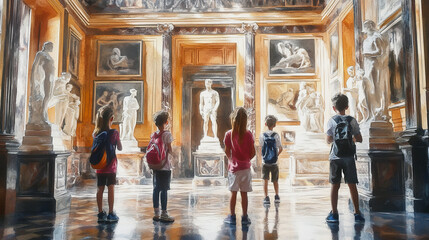Young learners admiring classical sculptures in museum, surrounded by art and history, fostering curiosity and appreciation for culture in bright, elegant gallery setting