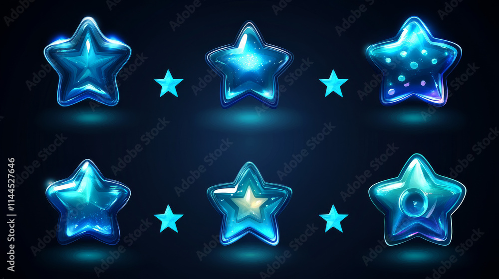 Poster blue star shape ui game icon vector button set. glossy badge medal for score or reward gui interface