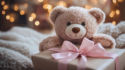 Cute teddy bear with gift box.