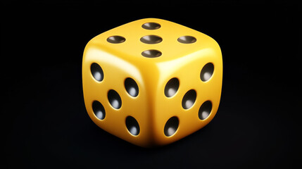 3d casino game play cube roll isolated vector icon. Yellow realistic gambling poker lucky square rolling with five and two dot number set. Gold random gamble gaming entertainment toy pieces with risk