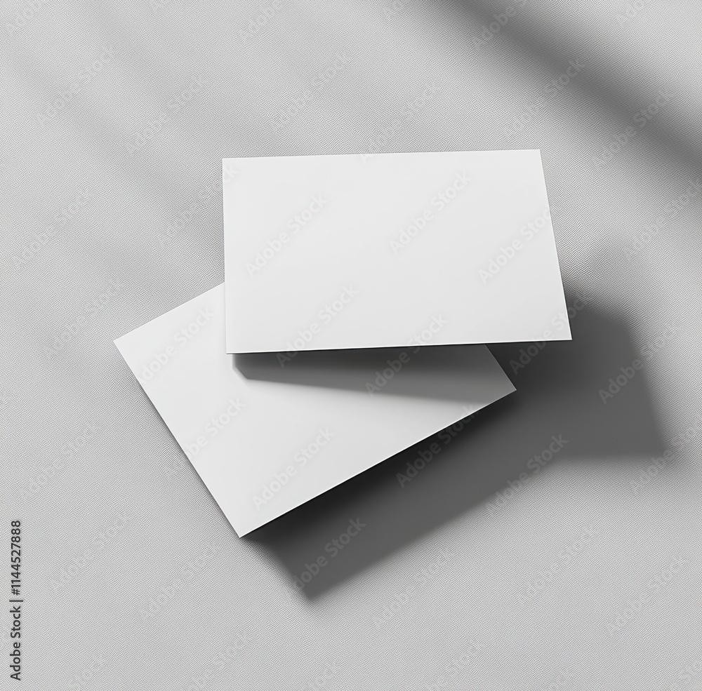 Poster blank white business cards on grey surface with soft shadows for elegant and minimalist presentation