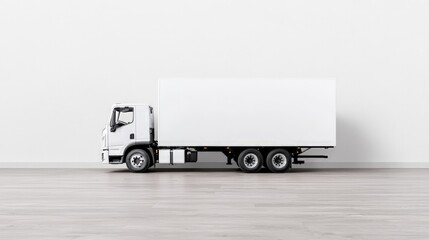 White box truck on light wood floor against white wall.