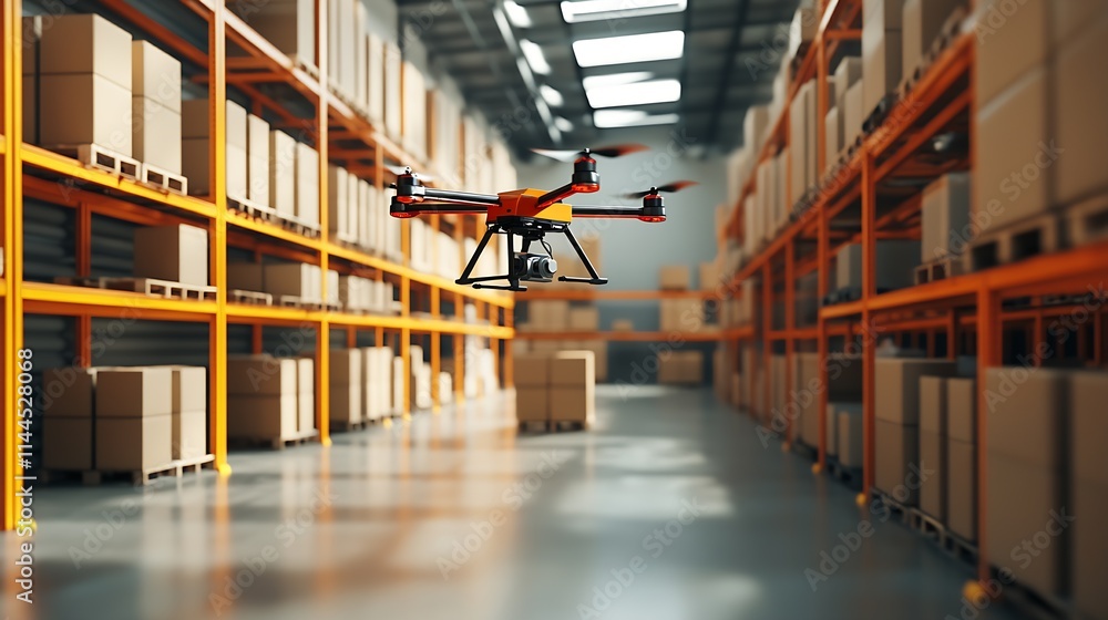 Aufkleber High Tech Drone Navigating Through Industrial Warehouse with Cardboard Storage : Generative AI