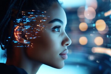 Portrait of a young woman gazing with futuristic technology imagery merging into her profile in a digital environment