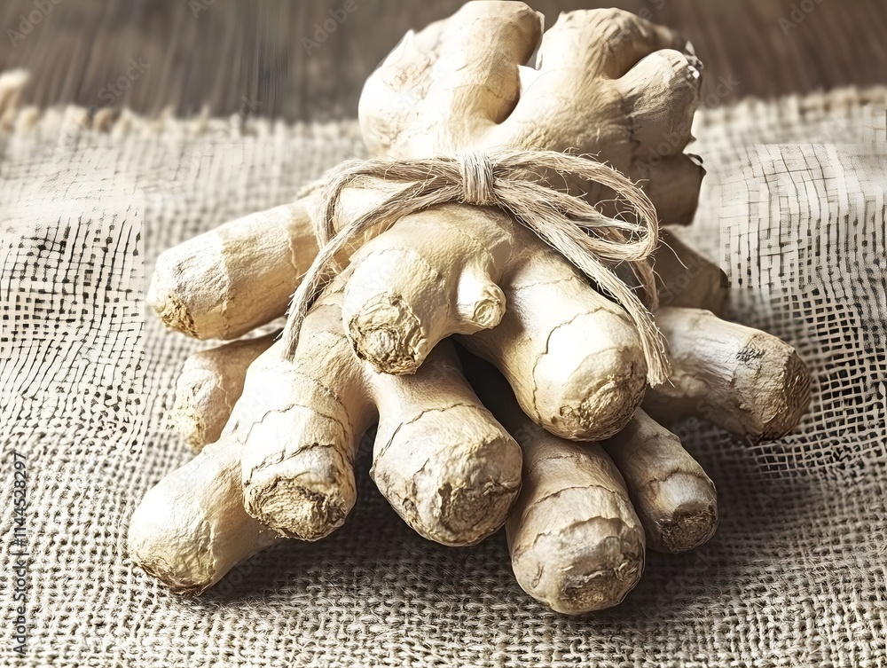 Poster a bundle of fresh ginger roots tied with twine on a textured surface.