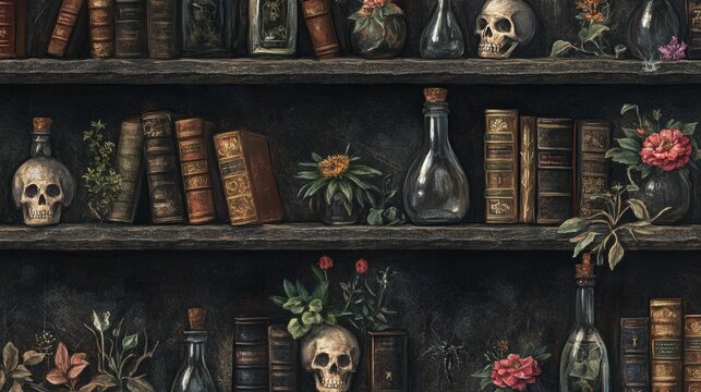 A mysterious vintage library scene showcasing aged books, skulls, and glass bottles arranged on dark wooden shelves with scattered plants and flowers for gothic ambiance.. AI Generation