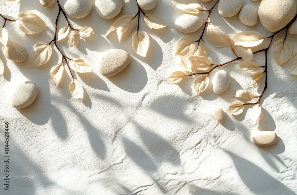 Poster arrangement of smooth stones and green leaves creating a serene composition on a light background du
