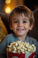 Naklejka premium A smiling boy holds a bowl of popcorn, radiating excitement and joy for an upcoming movie night ahead.