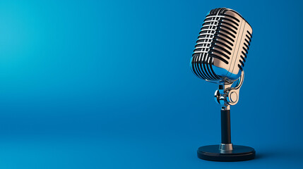 Fototapeta premium Retro Chrome Microphone on a Blue Background Timeless Broadcasting Theme