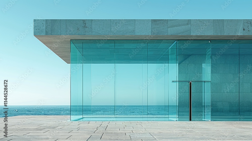 Poster modern glass structure overlooking the ocean, emphasizing transparency and minimalism.