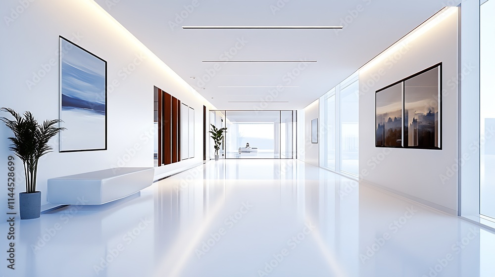 Poster bright minimalistic gallery hallway with modern artwork and natural light : generative ai