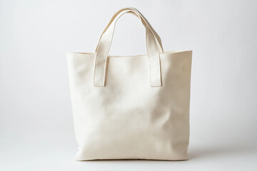 Cotton canvas tote bag mockup, blank and plain white background, product photography, no text or logo on the front of it.