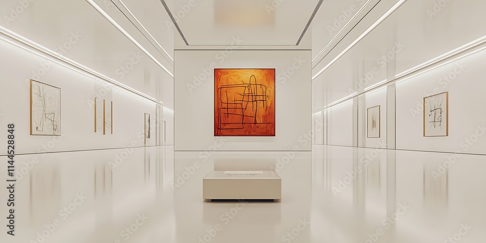 Poster modern art gallery with abstract paintings and sleek minimalist design in a brightly lit space : gen