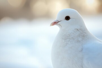 A close-up of a white dove against a softly blurred background.