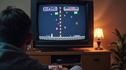 Retro gaming experience with nostalgic classic on vintage television in cozy living room setting