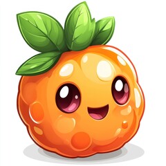 Obraz premium Cute cartoon orange fruit character with happy expression and green leaves.
