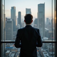 Fototapeta premium Rear view of a businessman looking at the city view from the window in his office space