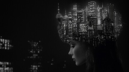Woman's head overlaid with a cityscape at night.