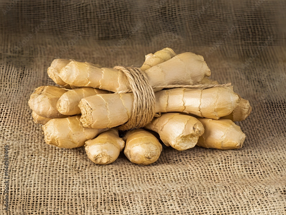 Poster a bundle of fresh ginger roots tied with twine on a textured surface.