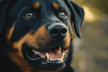 Fototapeta premium A detailed close-up of a cheerful Rottweiler showcasing its expressive eyes and playful spirit.
