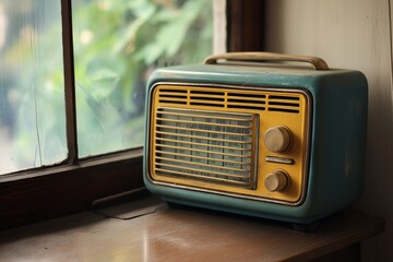 A charming vintage radio placed on a warm windowsill.