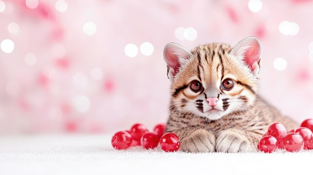 Adorable rusty-spotted cat kitten on pink background.