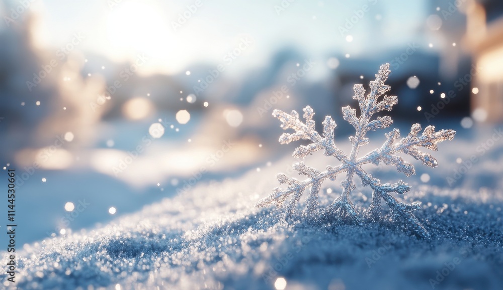 Poster close-up of a unique snowflake resting on a soft layer of snow with sparkling light and gentle bokeh