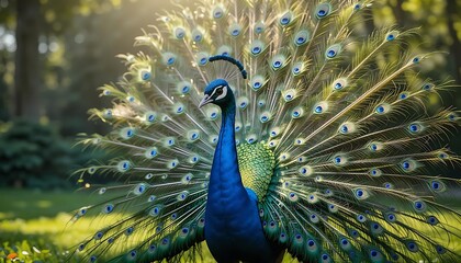 Obraz premium Majestic Peacock Displaying its Iridescent Plumage in the Sunlight