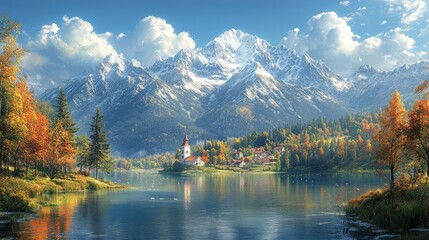 Obraz premium Idyllic autumnal village nestled beside a serene lake, majestic snow-capped mountains forming a breathtaking backdrop.
