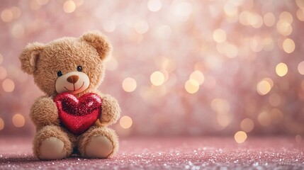 Fototapeta premium Cute teddy bear holding a red heart against a sparkling background.